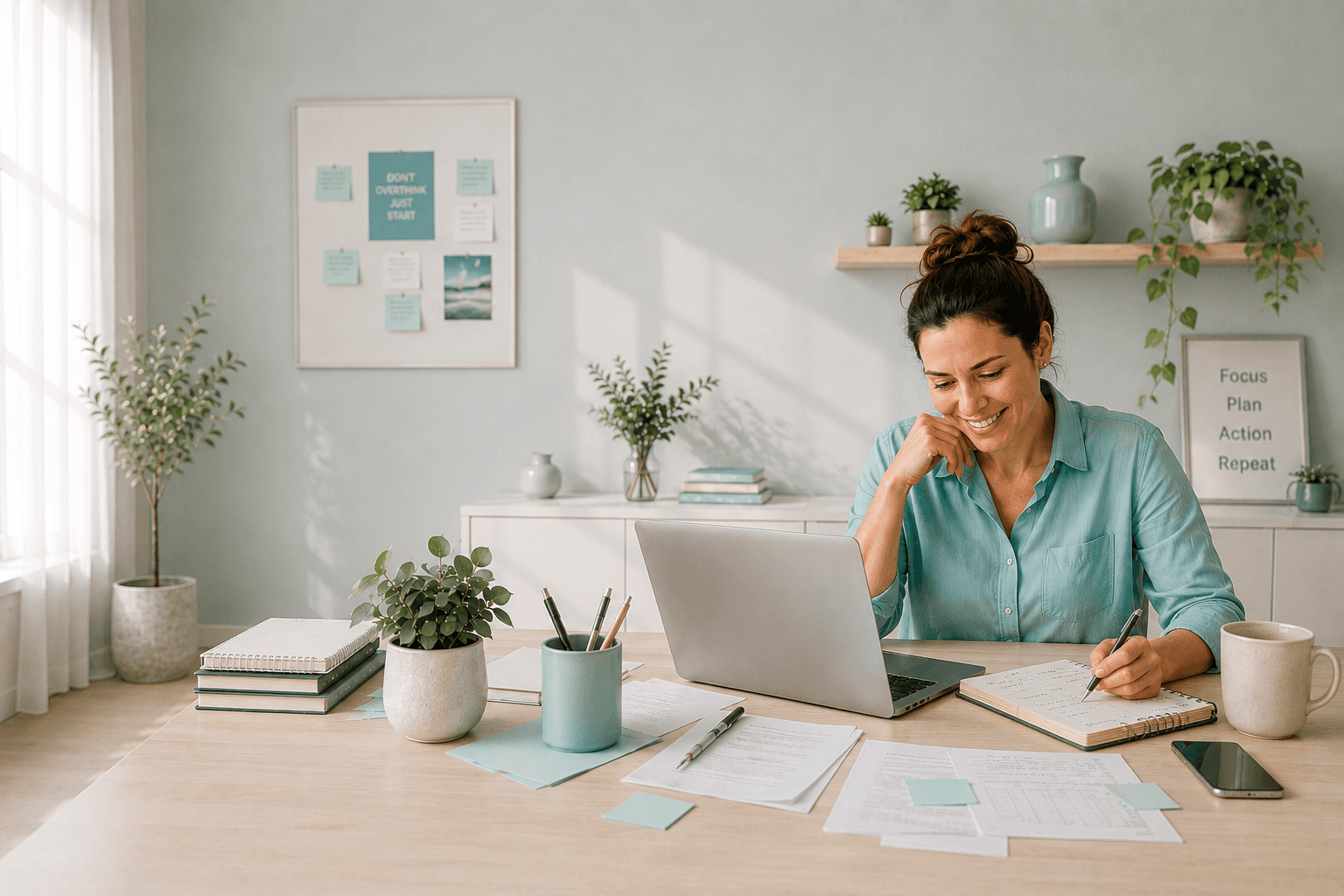 Small business owner at her desk with a clear marketing strategy